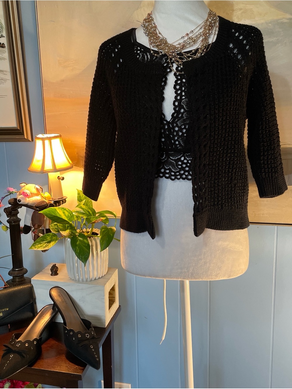 a.n.a Black Open-Knit Cropped Cardigan